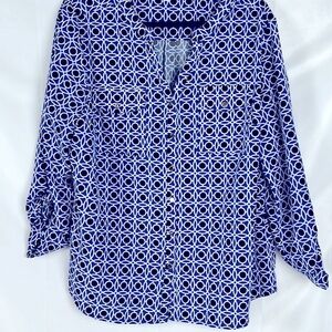 Notations Long Sleeve Blue Black & White Blouse Collared Plus Size Top 
Size: 1X